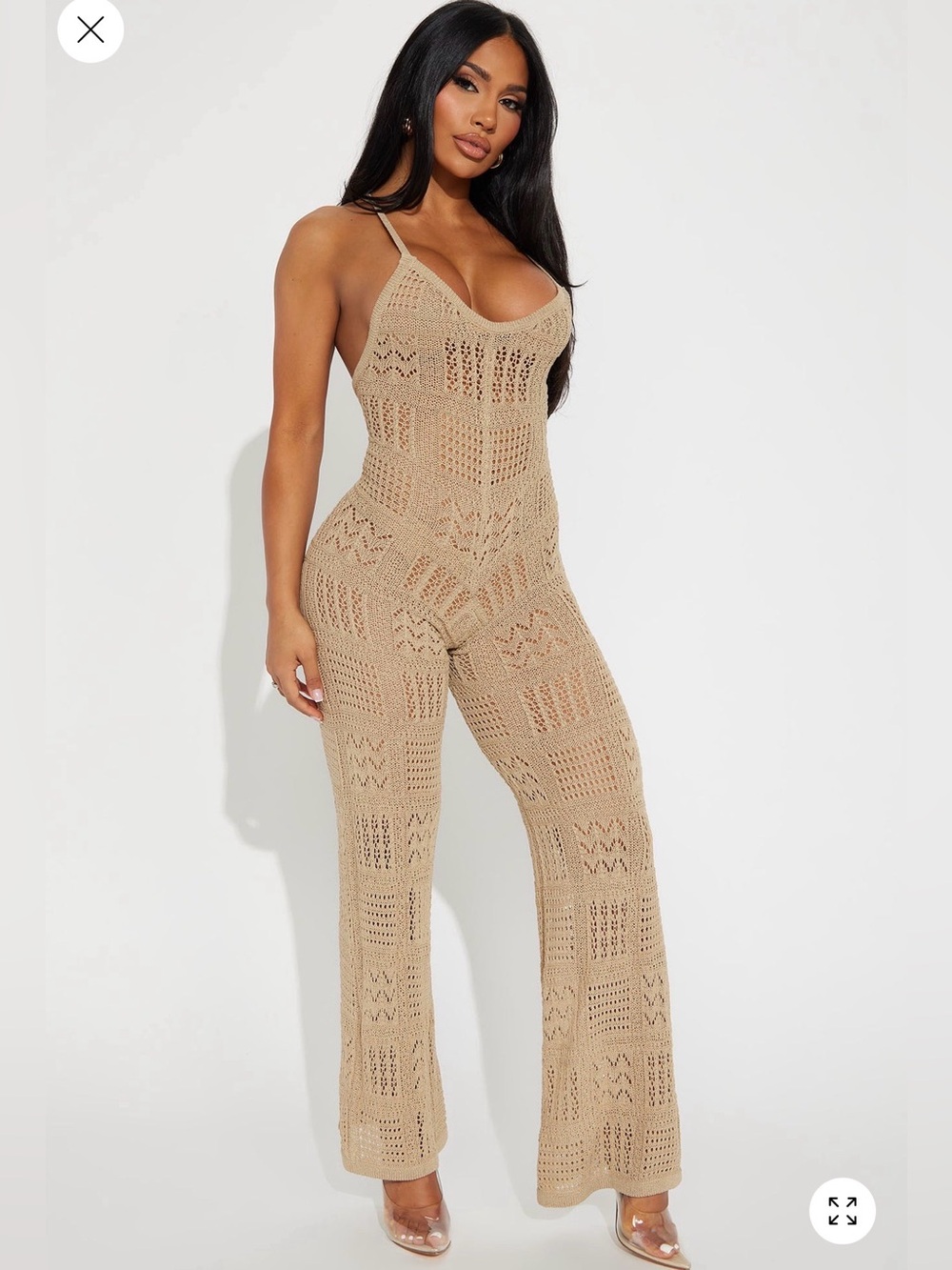 Fashion Nova Beige Crochet Knit Spaghetti-Strap Jumpsuit